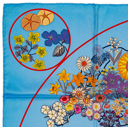 Hermes Silk Scarf 90 Planifleurs - Bleu Ciel Rose Rouge - NWSTS - 2609291926