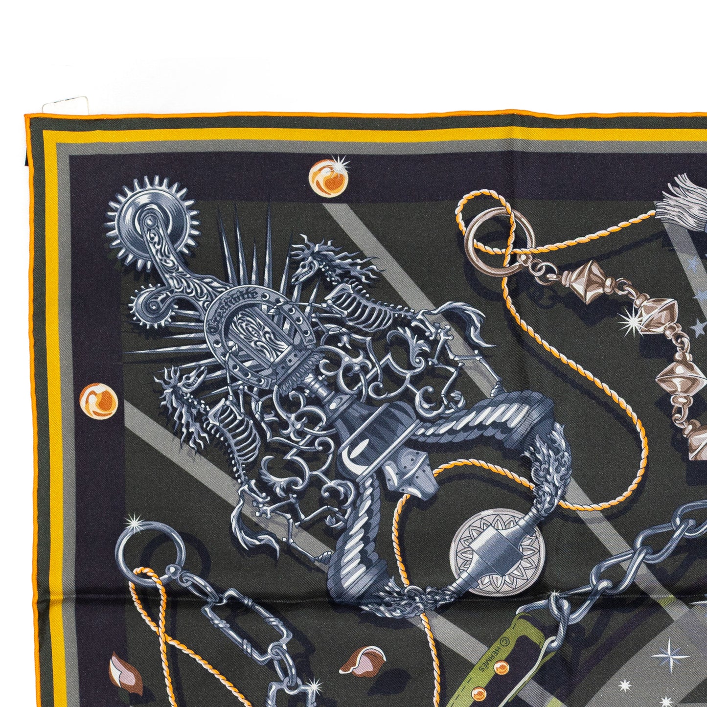 Hermes Scarf 90 C’est la Fête – Kaki – Anthracite – Gris – Double Face – NWSTS - 2508161537