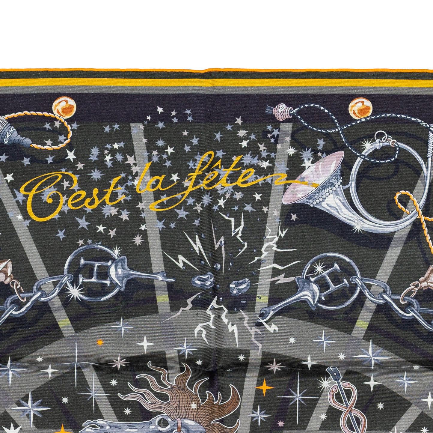 Hermes Scarf 90 C’est la Fête – Kaki – Anthracite – Gris – Double Face – NWSTS - 2508161537