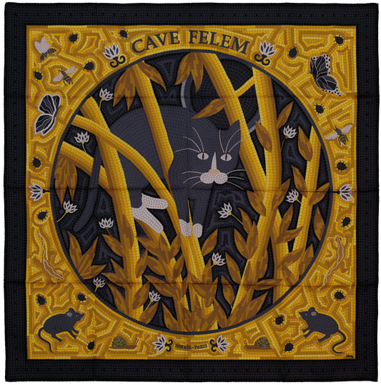 Hermes Scarf 90 Cave Felem - Black Gold - Mint With Care Tag