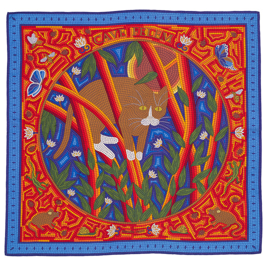 Hermes Scarf 90 - Cave Felem - Blue Red - MWOCT - Beware of the Cat - Mint W/O Tag