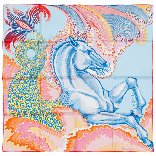 Hermes Scarf 90 Cheval Sirène - Double Face - Bleu Ciel Rose Blanc - NWST - 2504281816