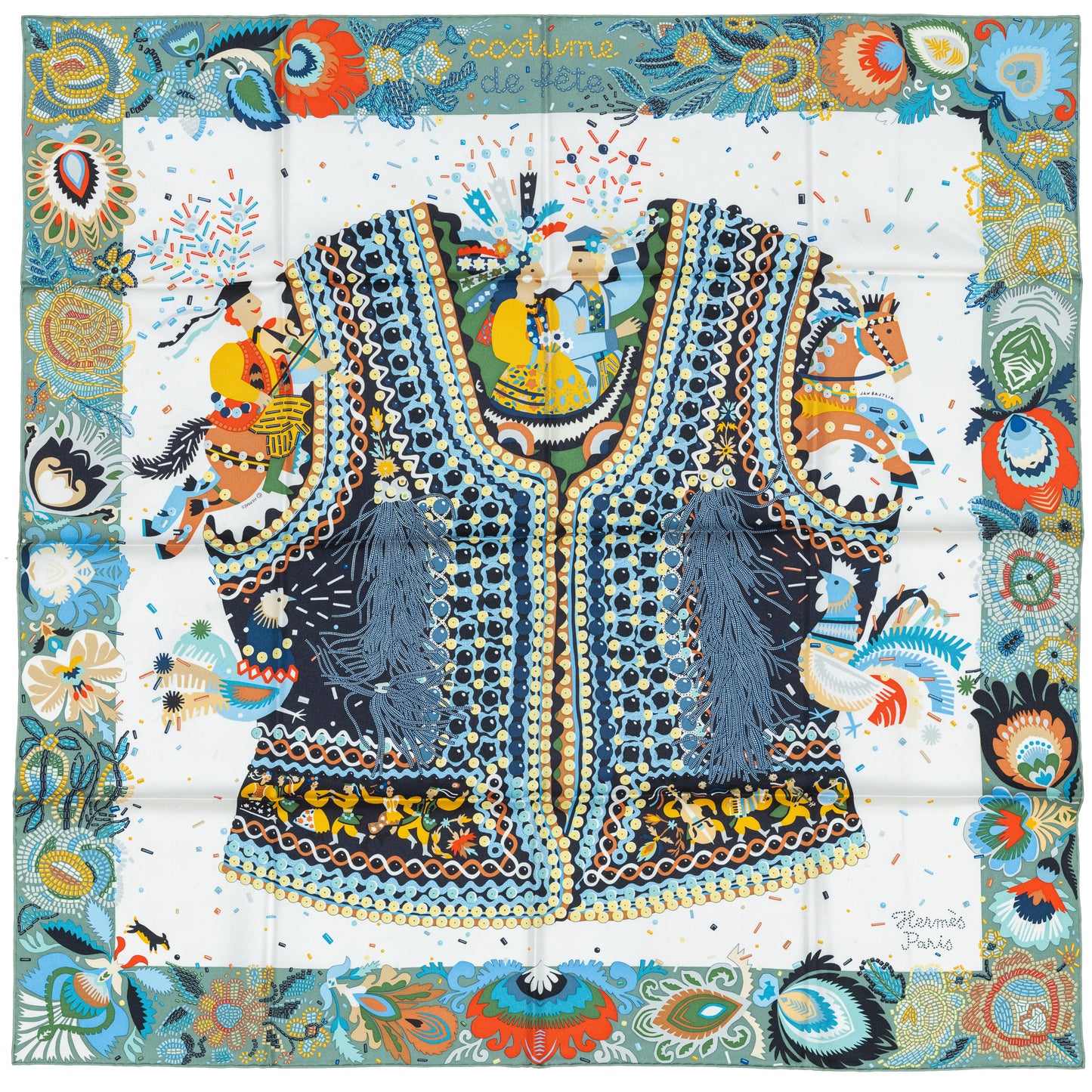 Hermes Scarf 90 Costume de Fête – Vert de Gris Blanc – NWSTS – 2505081631