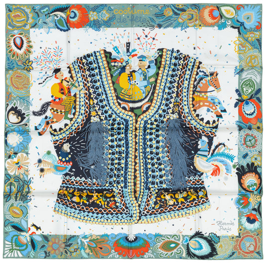 Hermes Scarf 90 Costume de Fête – Vert de Gris Blanc – NWSTS – 2505081631
