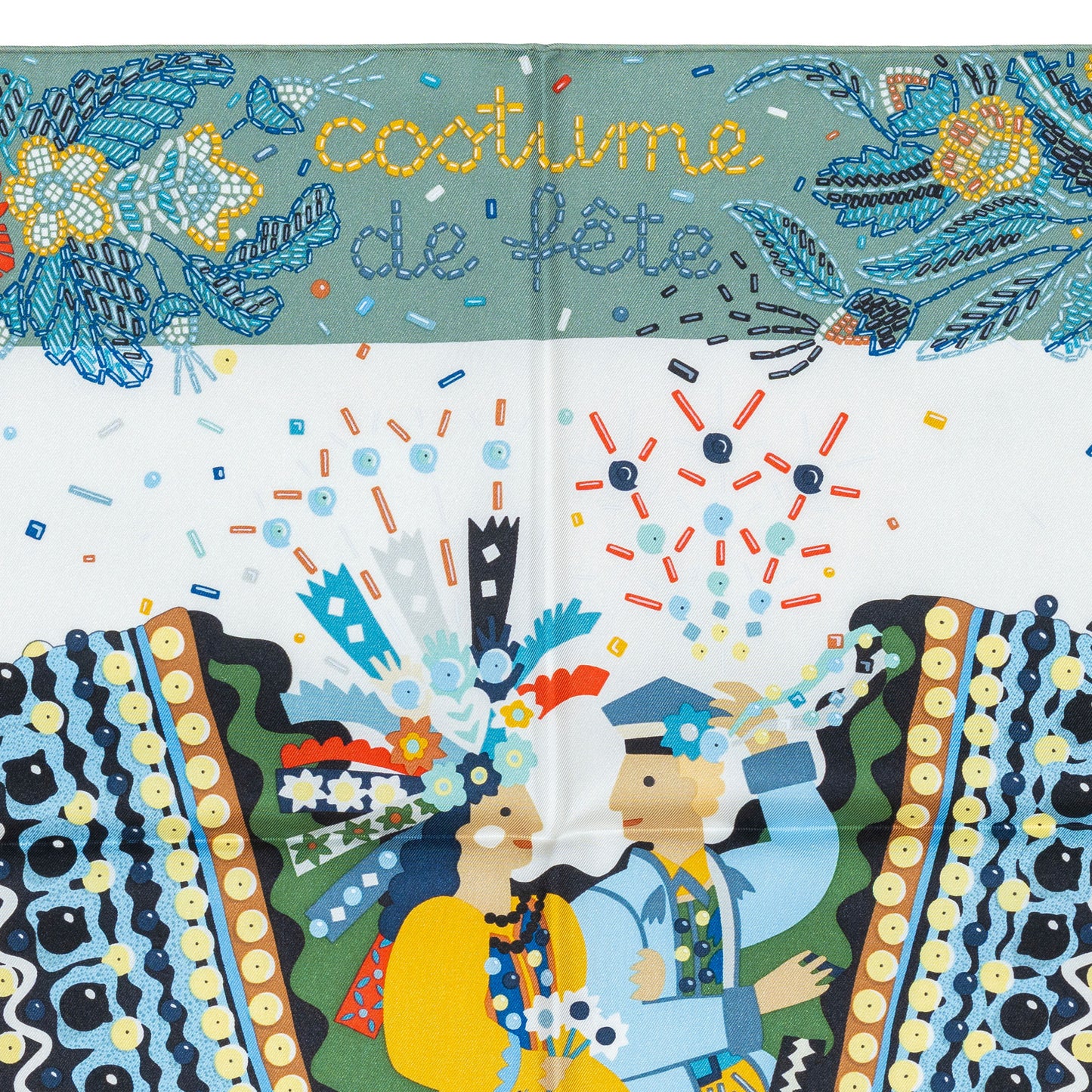 Hermes Scarf 90 Costume de Fête – Vert de Gris Blanc – NWSTS – 2505081631