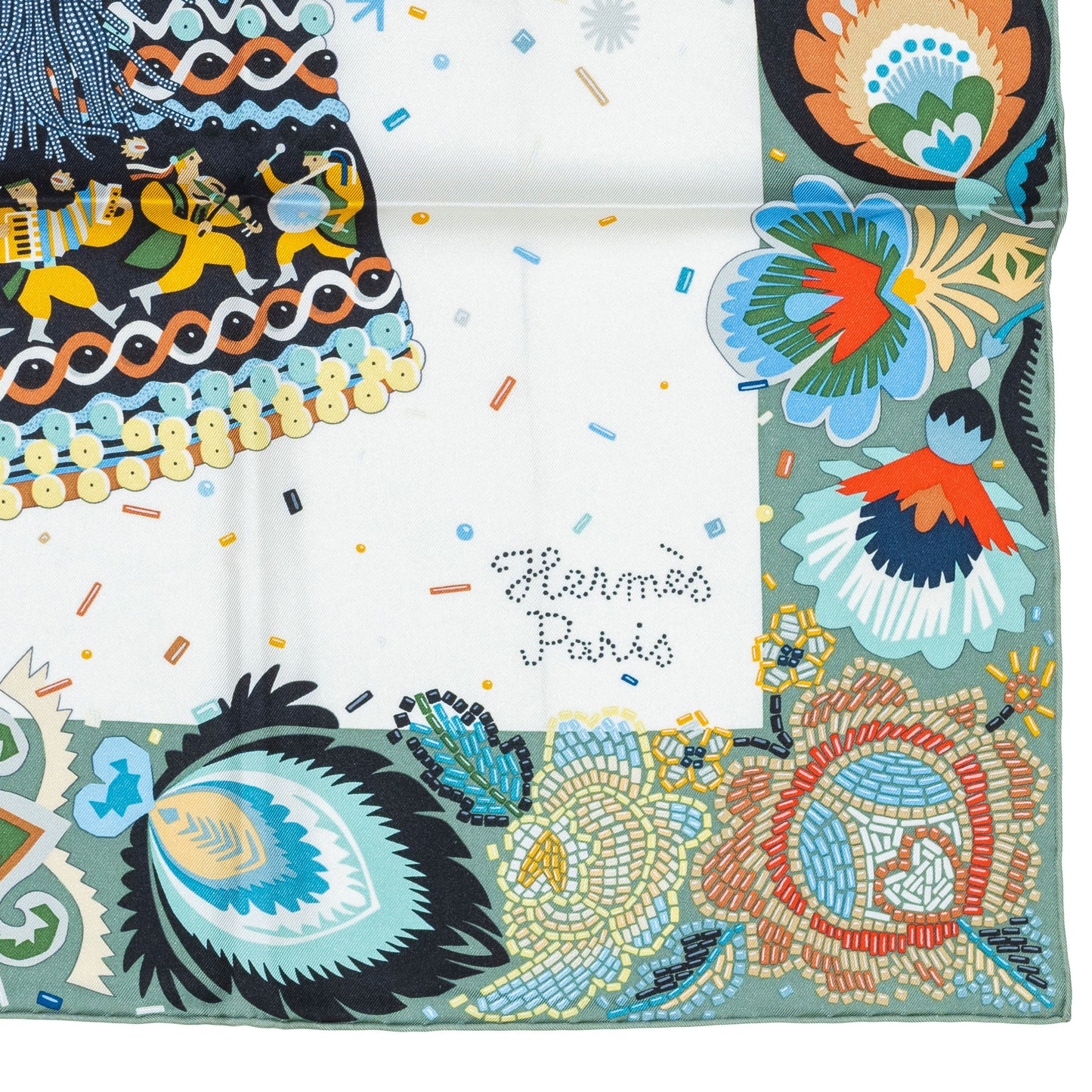 Hermes Scarf 90 Costume de Fête – Vert de Gris Blanc – NWSTS – 2505081631