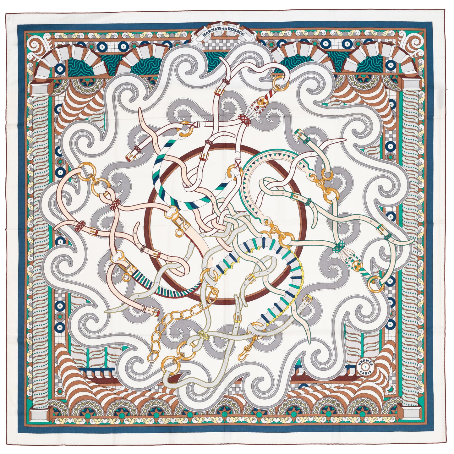 Hermès Shawl Harnais en Rosace CS140 - Blanc Vert Brun - New With Tag