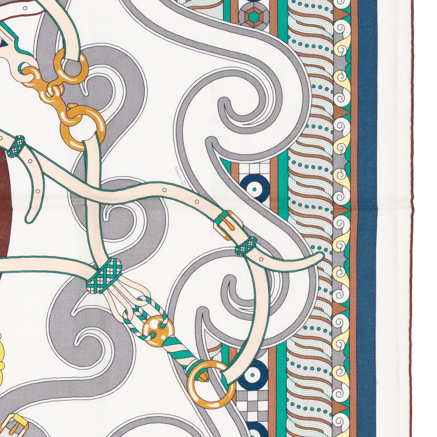 Hermès Shawl Harnais en Rosace CS140 - Blanc Vert Brun - New With Tag