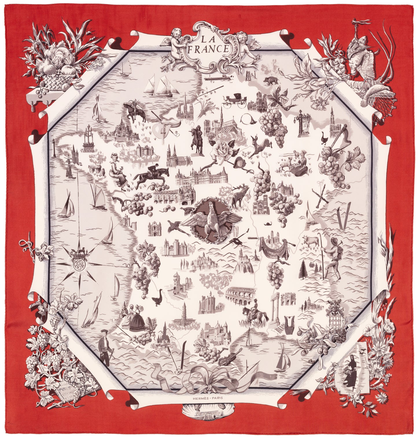 Hermes Scarf 90 La France - Bordeaux - EXCWOCT - Rare Collector Vintage
