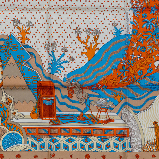 Hermes Scarf Le Premier Chant - Orange Blanc Bleu - New With Tag