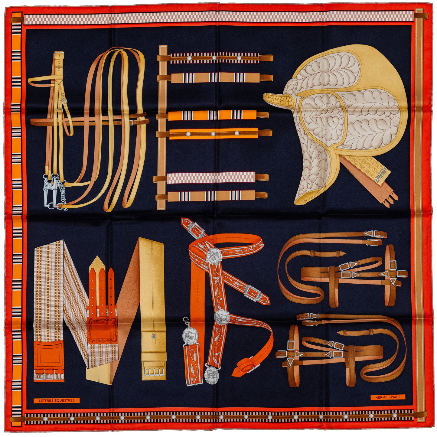Hermes Scarf Lettres Équestres - Noir Orange Brun - NEw Store Tag