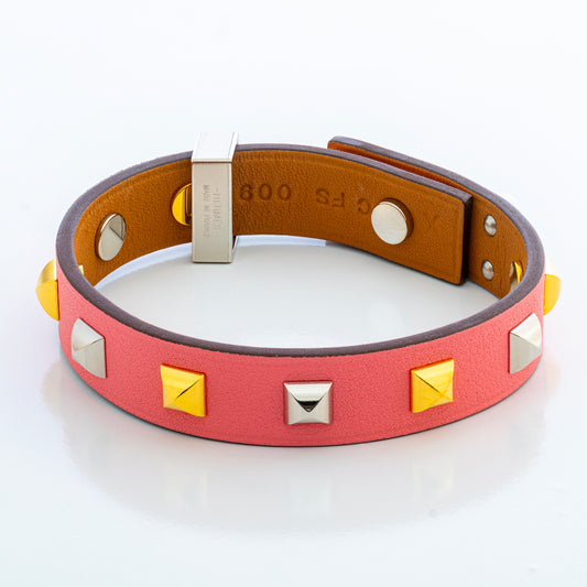 Hermes Mini Dog Clous Ronds Bracelet - Rose Azalee Calfskin - Gold Silver Buckle New