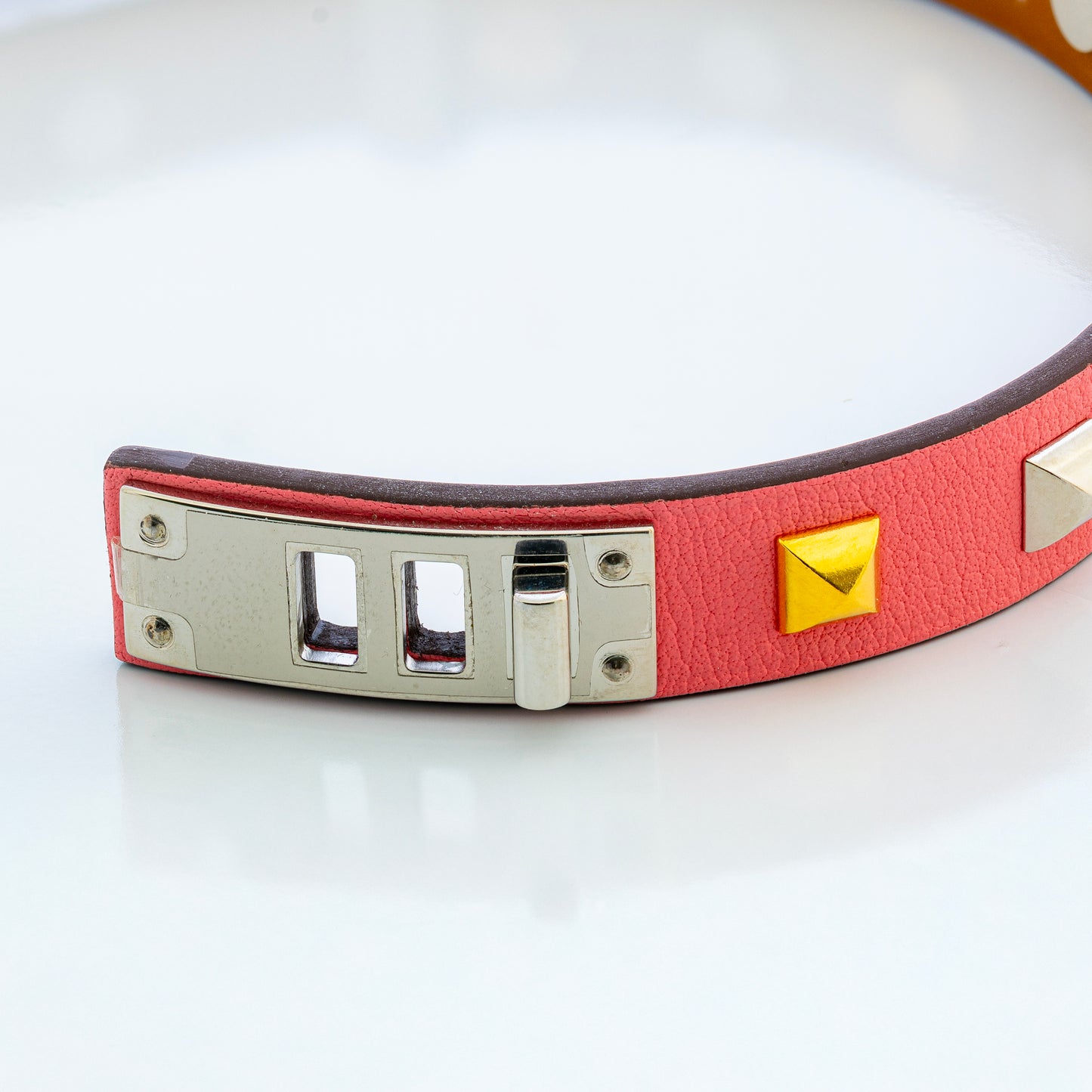 Hermes Mini Dog Clous Ronds Bracelet - Rose Azalee Calfskin - Gold Silver Buckle New