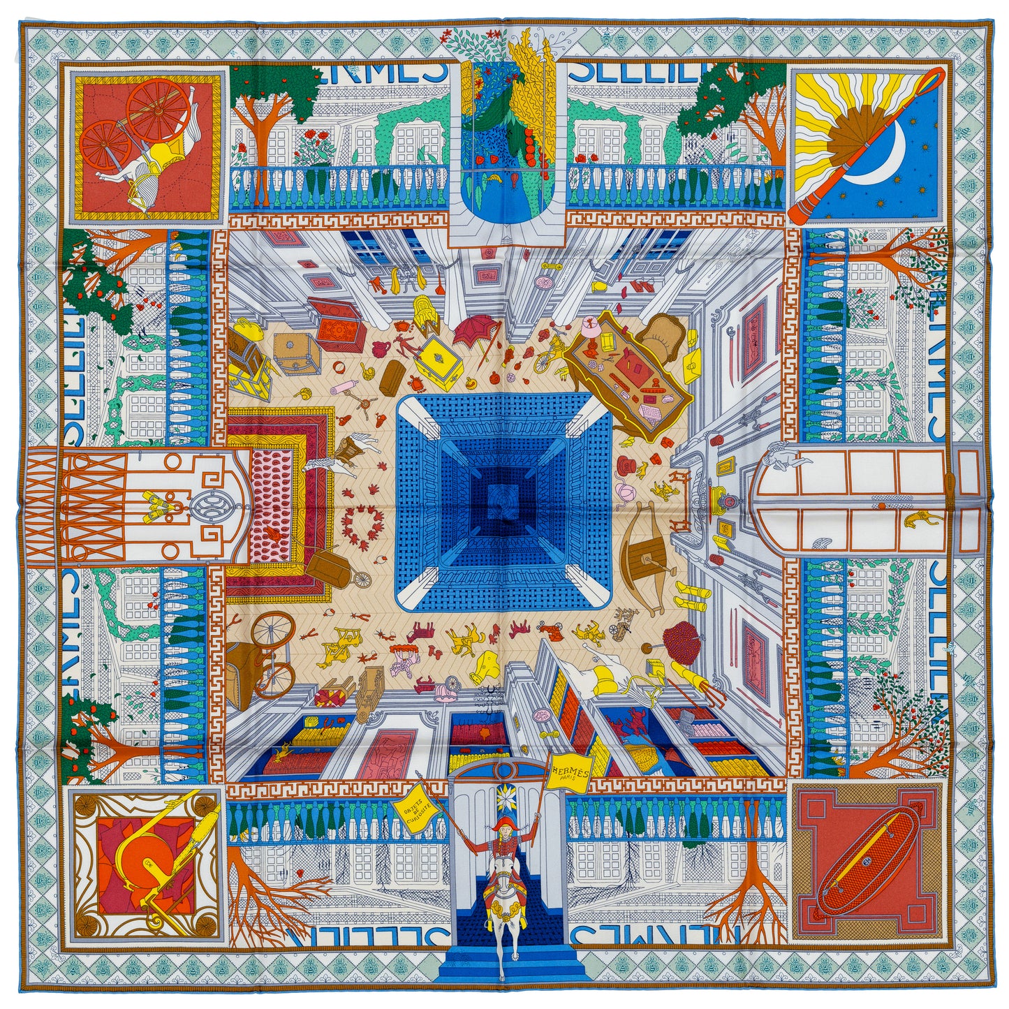 Hermes Scarf Objets De Curiosité - Blue Lavande Gris New Tag