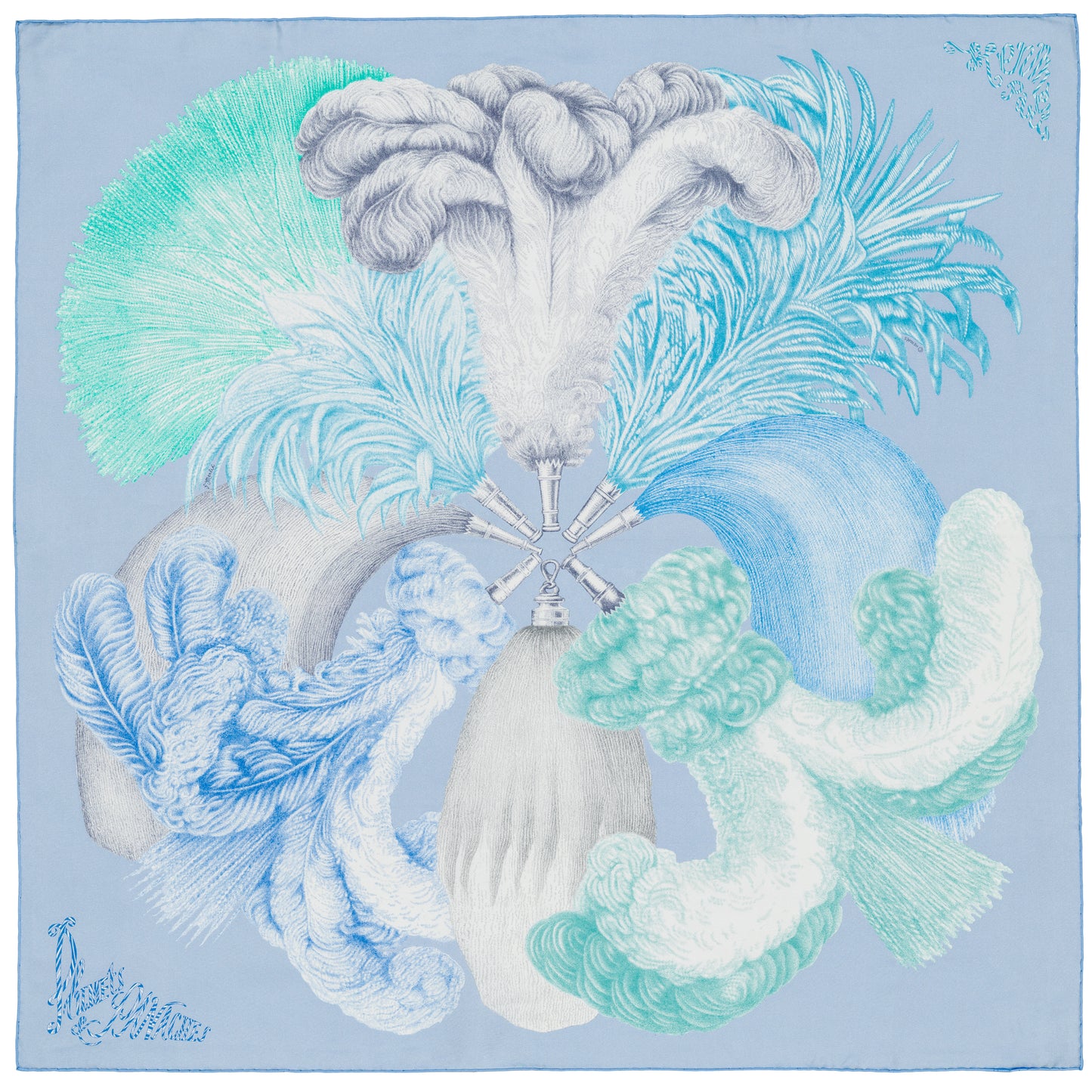 Hermes Scarf 90 Plumets et Panaches - Bleu Glacier Vert New Store Tag