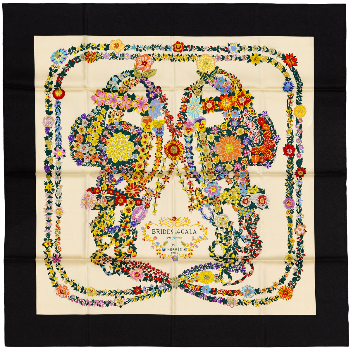 Hermes Silk Scarf 90 Brides de Gala en Fleurs - Noir Ivoire Multicolore - NWST - 2609291923
