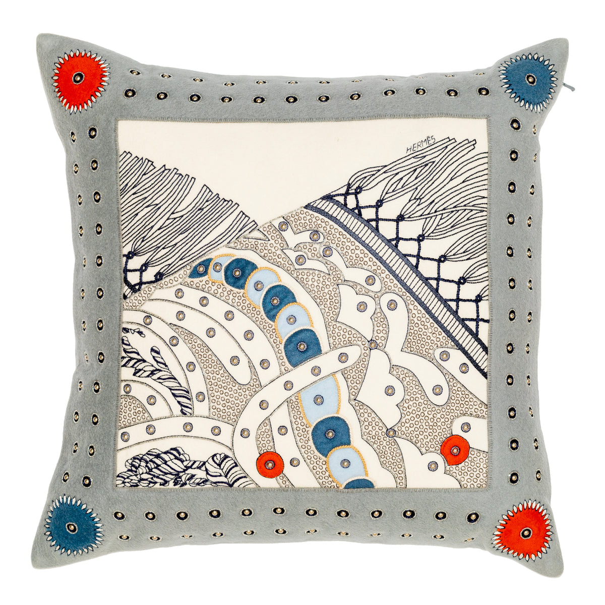 Hermès Selle de Dignitaire Passementerie Pillow - Gris Souris Marine Blue - 43 cm - NWCT - 2606281513