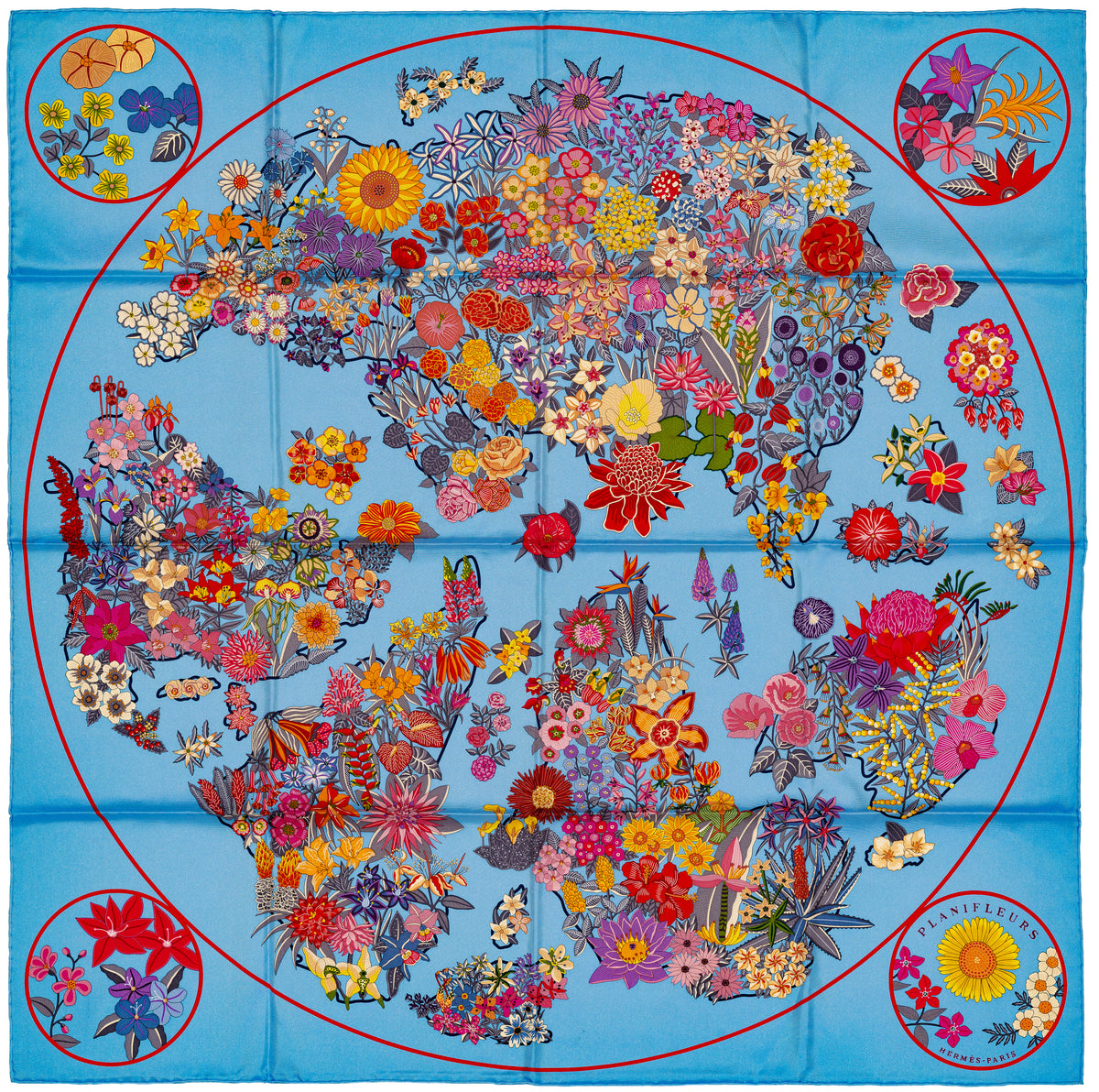 Hermes Silk Scarf 90 Planifleurs - Bleu Ciel Rose Rouge - NWSTS - 2609291926