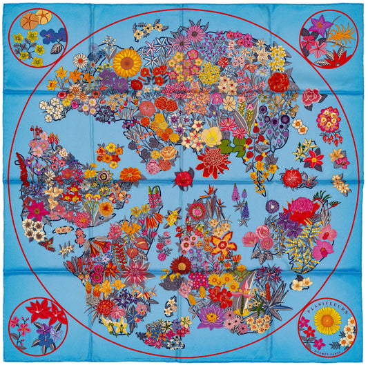 Hermes Silk Scarf 90 Planifleurs - Bleu Ciel Rose Rouge - NWSTS - 2609291926