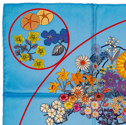 Hermes Silk Scarf 90 Planifleurs - Bleu Ciel Rose Rouge - NWSTS - 2609291926