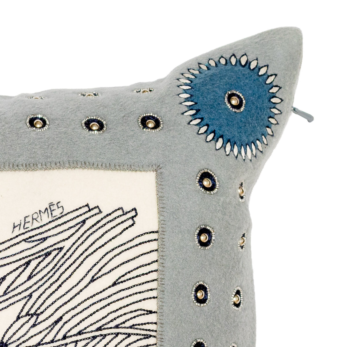 Hermès Selle de Dignitaire Passementerie Pillow - Gris Souris Marine Blue - 43 cm - NWCT - 2606281513