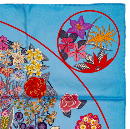 Hermes Silk Scarf 90 Planifleurs - Bleu Ciel Rose Rouge - NWSTS - 2609291926