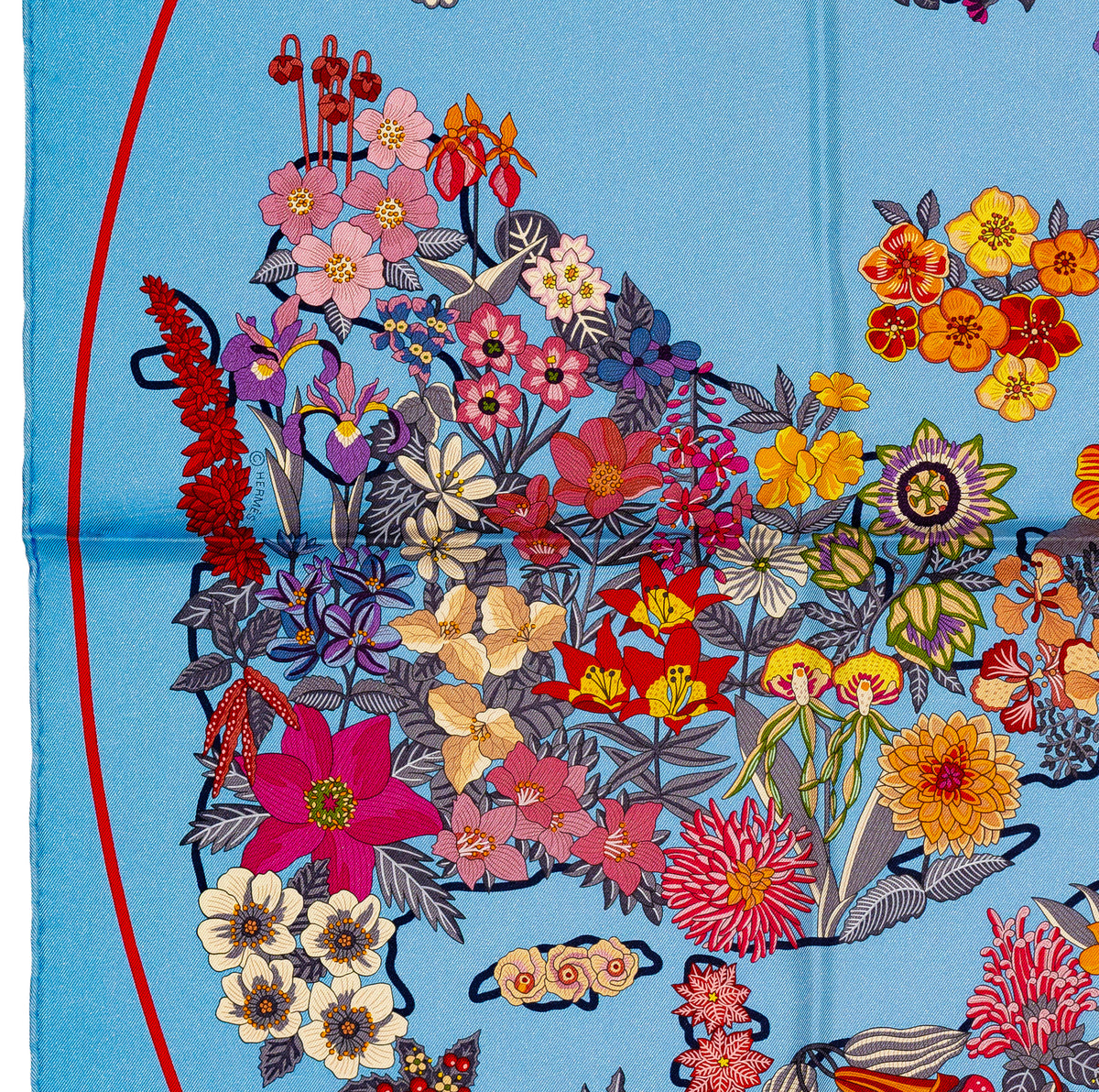 Hermes Silk Scarf 90 Planifleurs - Bleu Ciel Rose Rouge - NWSTS - 2609291926