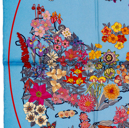 Hermes Silk Scarf 90 Planifleurs - Bleu Ciel Rose Rouge - NWSTS - 2609291926