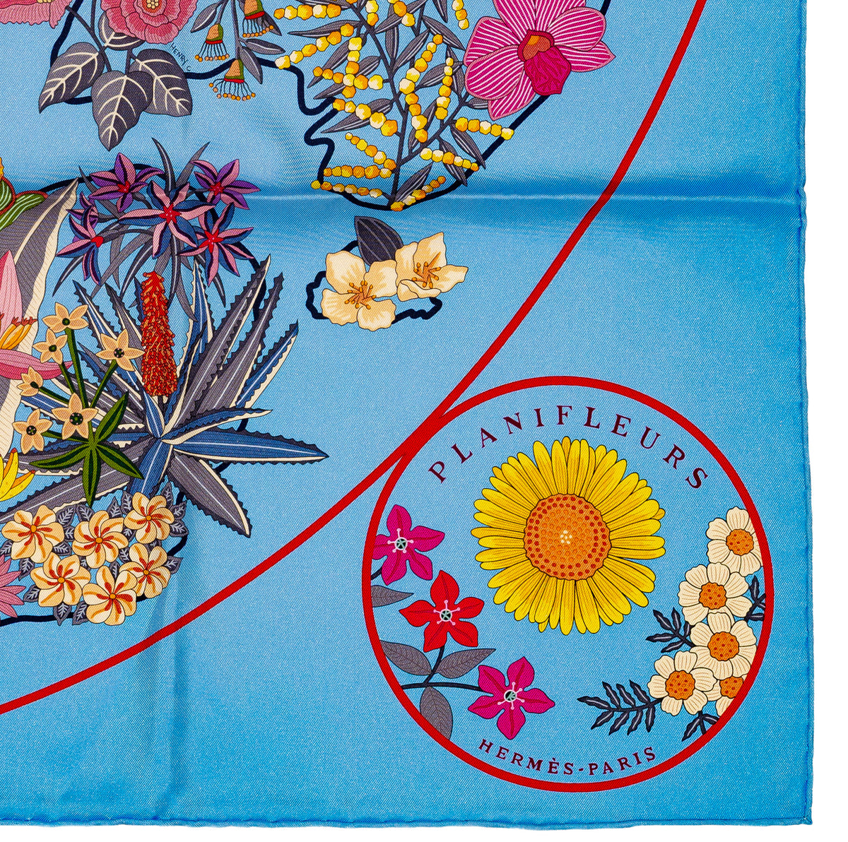 Hermes Silk Scarf 90 Planifleurs - Bleu Ciel Rose Rouge - NWSTS - 2609291926
