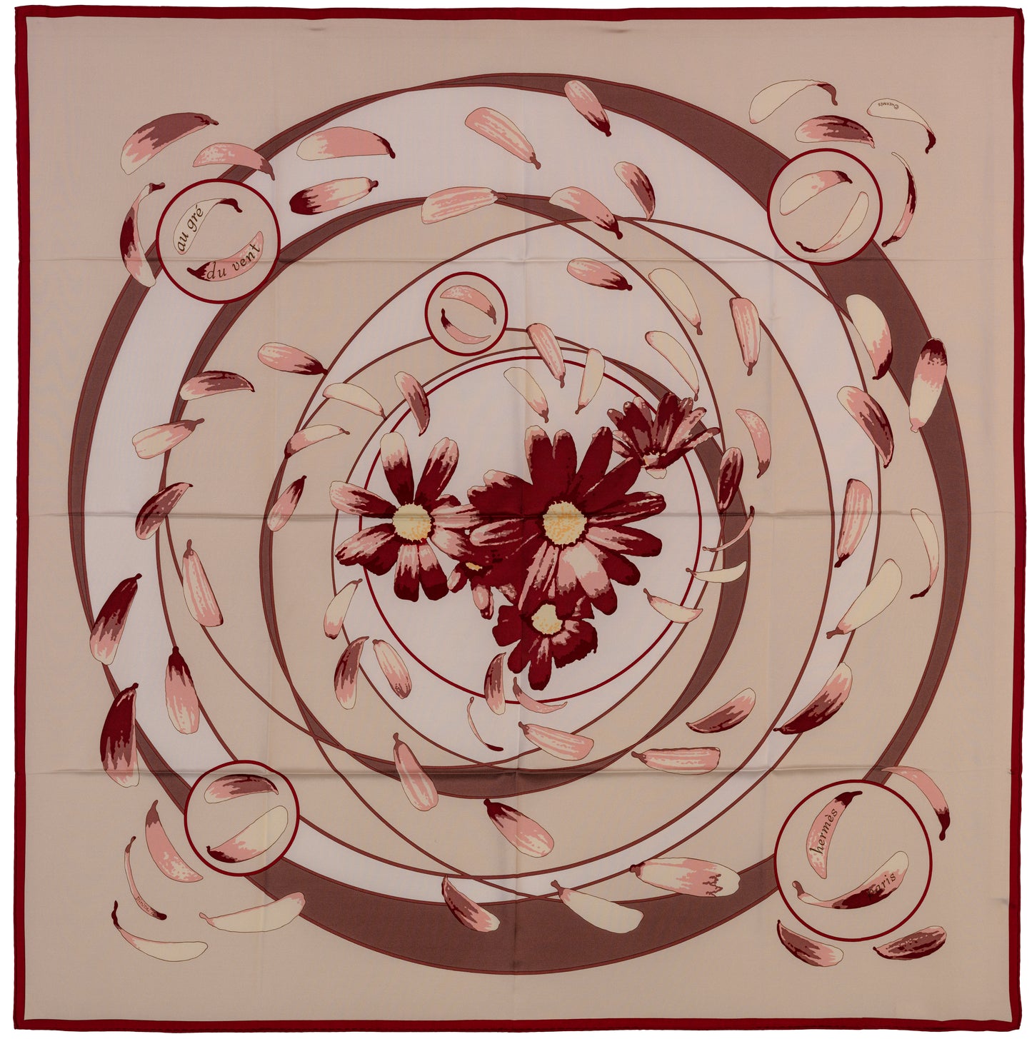 Hermes Silk Scarf Au Gré du Vent – Bordeaux Beige - Mint - Collector