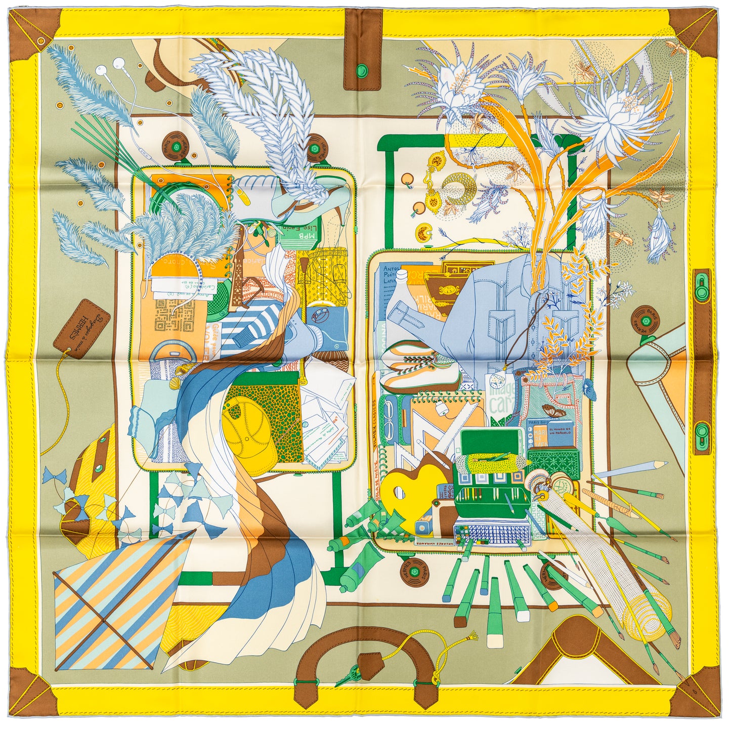 Hermes Silk Scarf Bagage a Main - Vert Amande Jaune - New With Tag