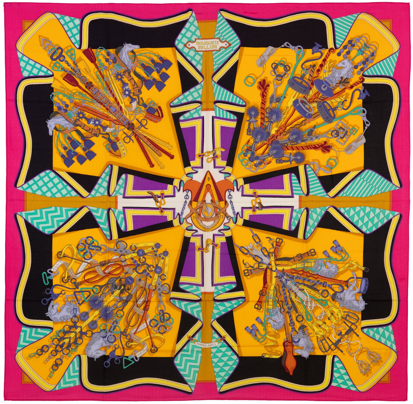 Hermes Shawl Bouquets Sellier - CS140 - Rose Vif Jaune Dor Noir - NEW