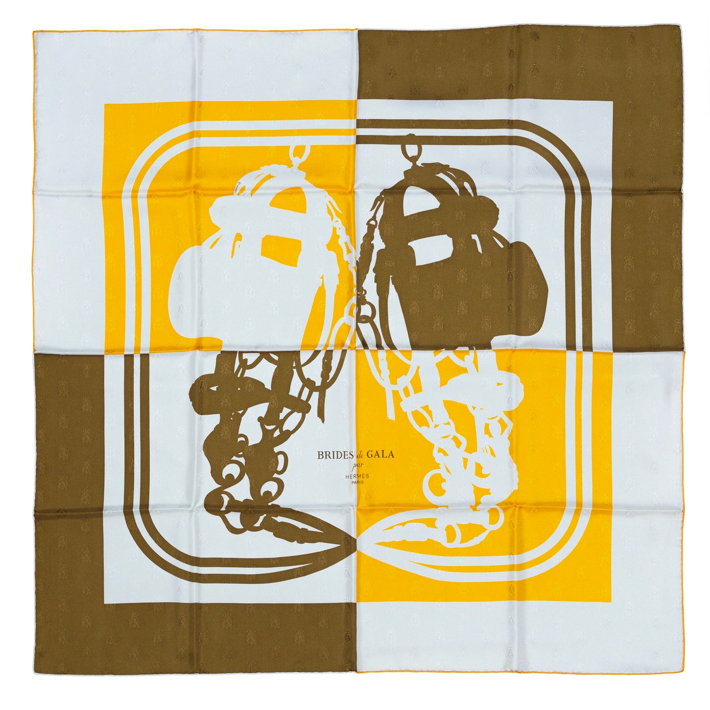 Hermes Scarf Bride De Gala Quadri Tattoo Jacquard Yellow White brown - NWCT RARE - 2404281434