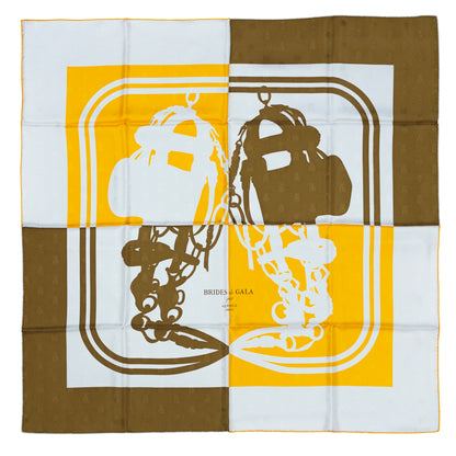 Hermes Scarf Bride De Gala Quadri Tattoo Jacquard Yellow White brown - NWCT RARE - 2404281434