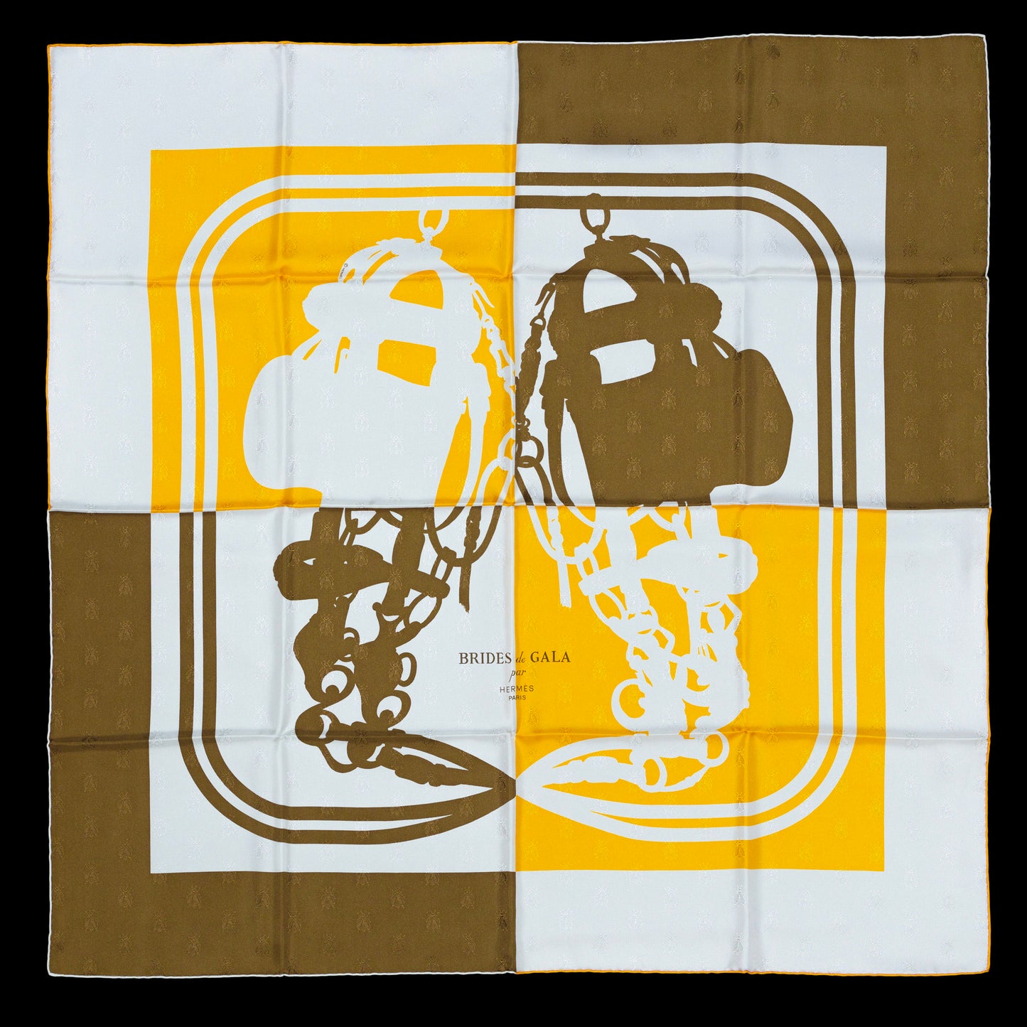 Hermes Scarf Bride De Gala Quadri Tattoo Jacquard Yellow White brown - NWCT RARE - 2404281434