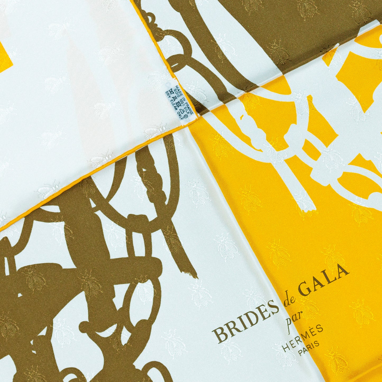 Hermes Scarf Bride De Gala Quadri Tattoo Jacquard Yellow White brown - NWCT RARE - 2404281434