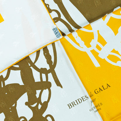 Hermes Scarf Bride De Gala Quadri Tattoo Jacquard Yellow White brown - NWCT RARE - 2404281434