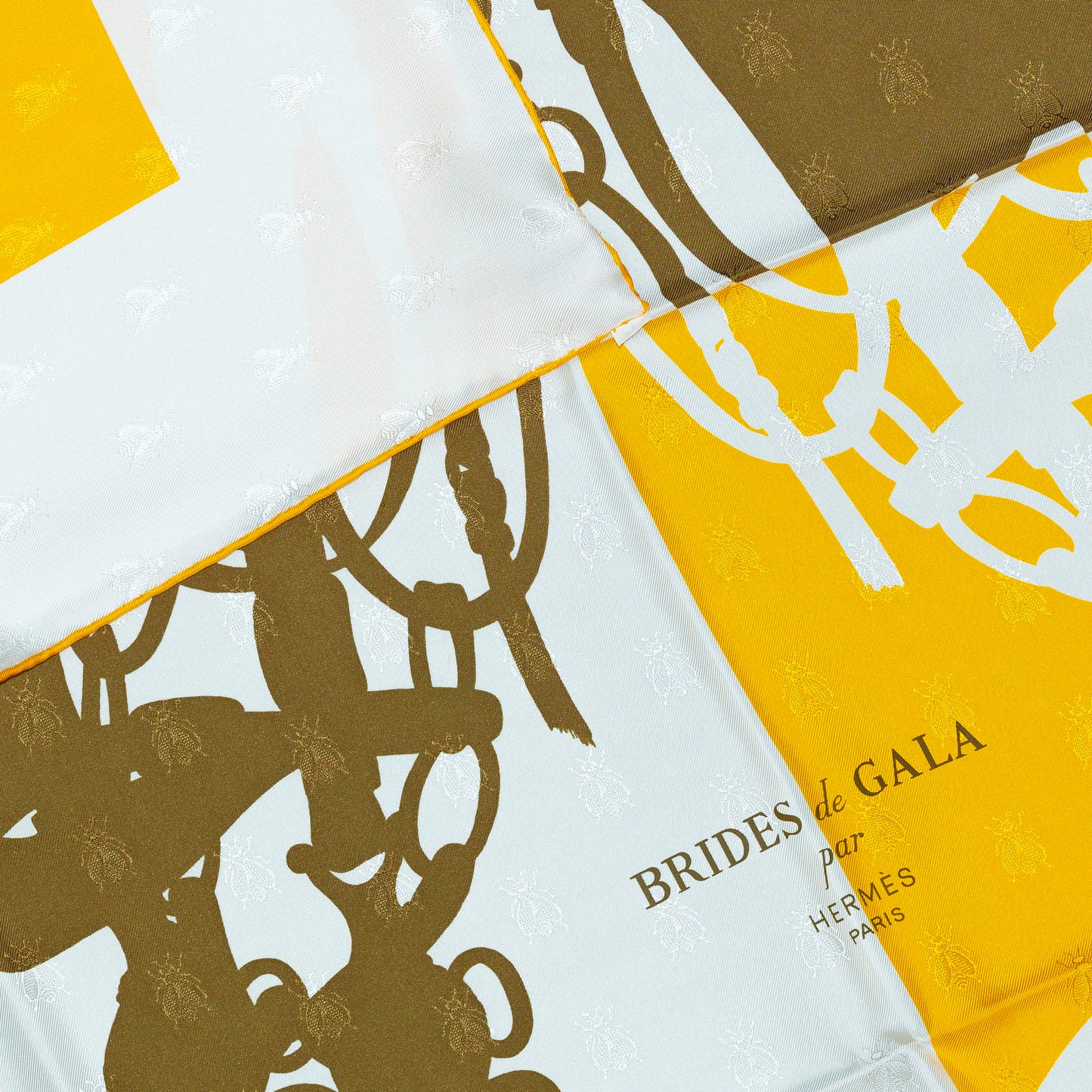 Hermes Scarf Bride De Gala Quadri Tattoo Jacquard Yellow White brown - NWCT RARE - 2404281434