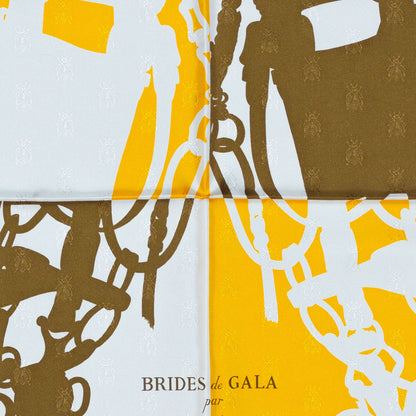 Hermes Scarf Bride De Gala Quadri Tattoo Jacquard Yellow White brown - NWCT RARE - 2404281434