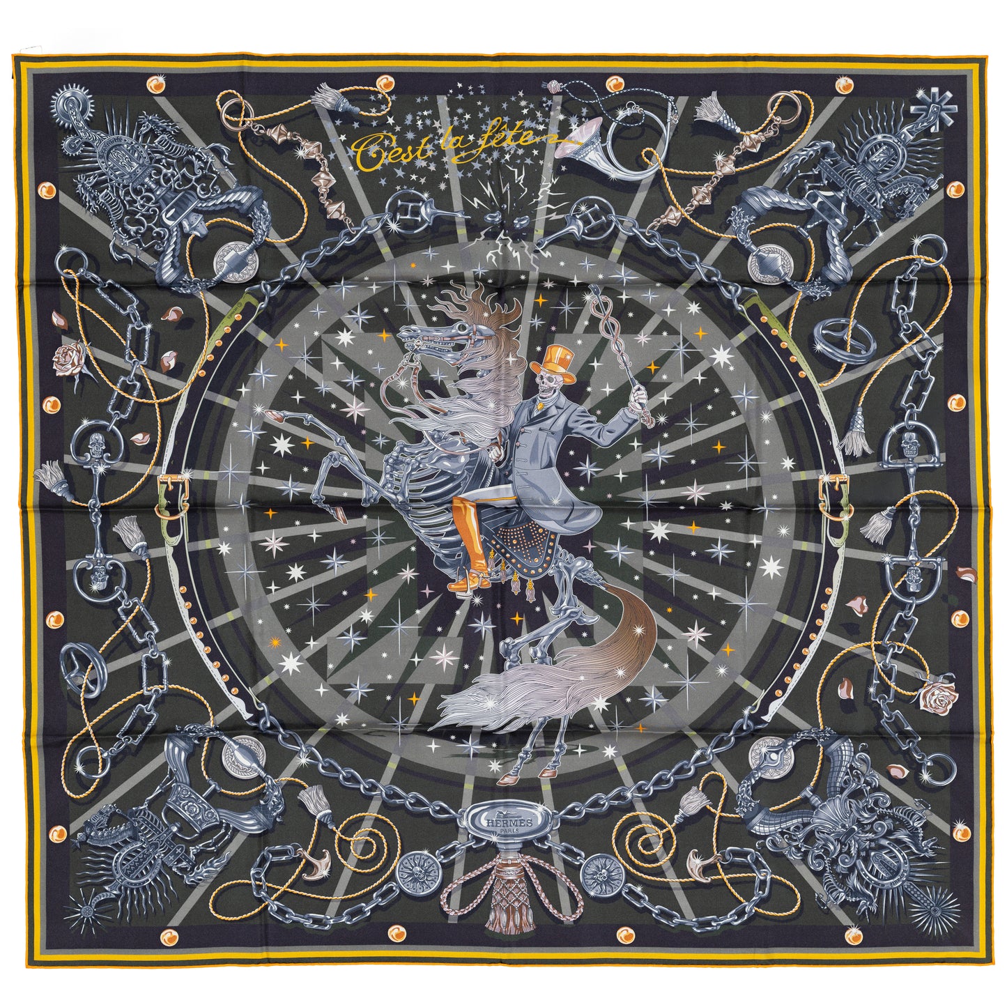 Hermes Scarf 90 C’est la Fête – Kaki – Anthracite – Gris – Double Face – NWSTS - 2508161537