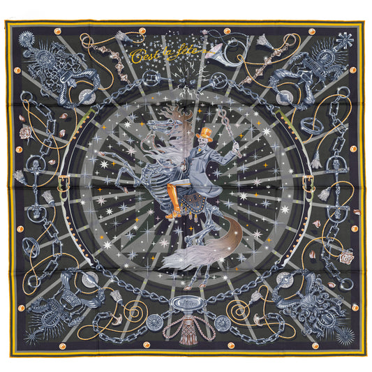 Hermes Scarf 90 C’est la Fête – Kaki – Anthracite – Gris – Double Face – NWSTS - 2508161537