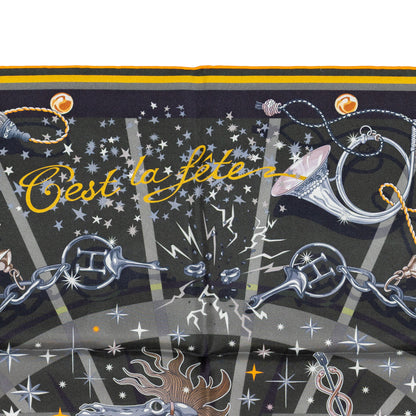 Hermes Scarf 90 C’est la Fête – Kaki – Anthracite – Gris – Double Face – NWSTS - 2508161537