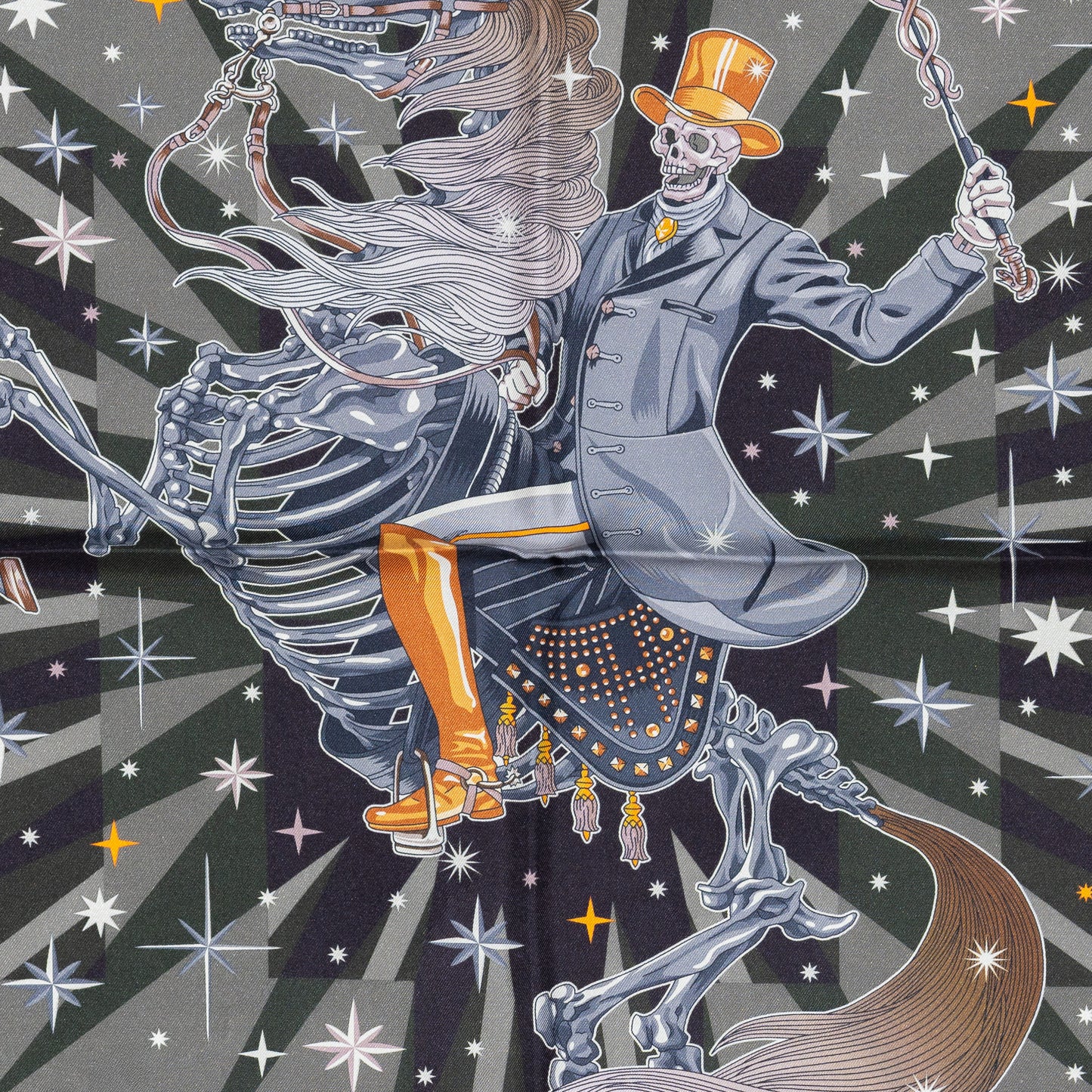 Hermes Scarf 90 C’est la Fête – Kaki – Anthracite – Gris – Double Face – NWSTS - 2508161537