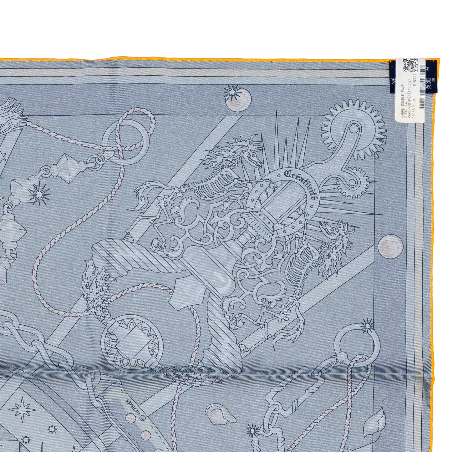 Hermes Scarf 90 C’est la Fête – Kaki – Anthracite – Gris – Double Face – NWSTS - 2508161537