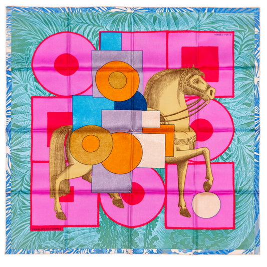 Hermes Scarf 90 Cavalier En Formes - Rose Vif Bleu Vert - NWST - 2601291217