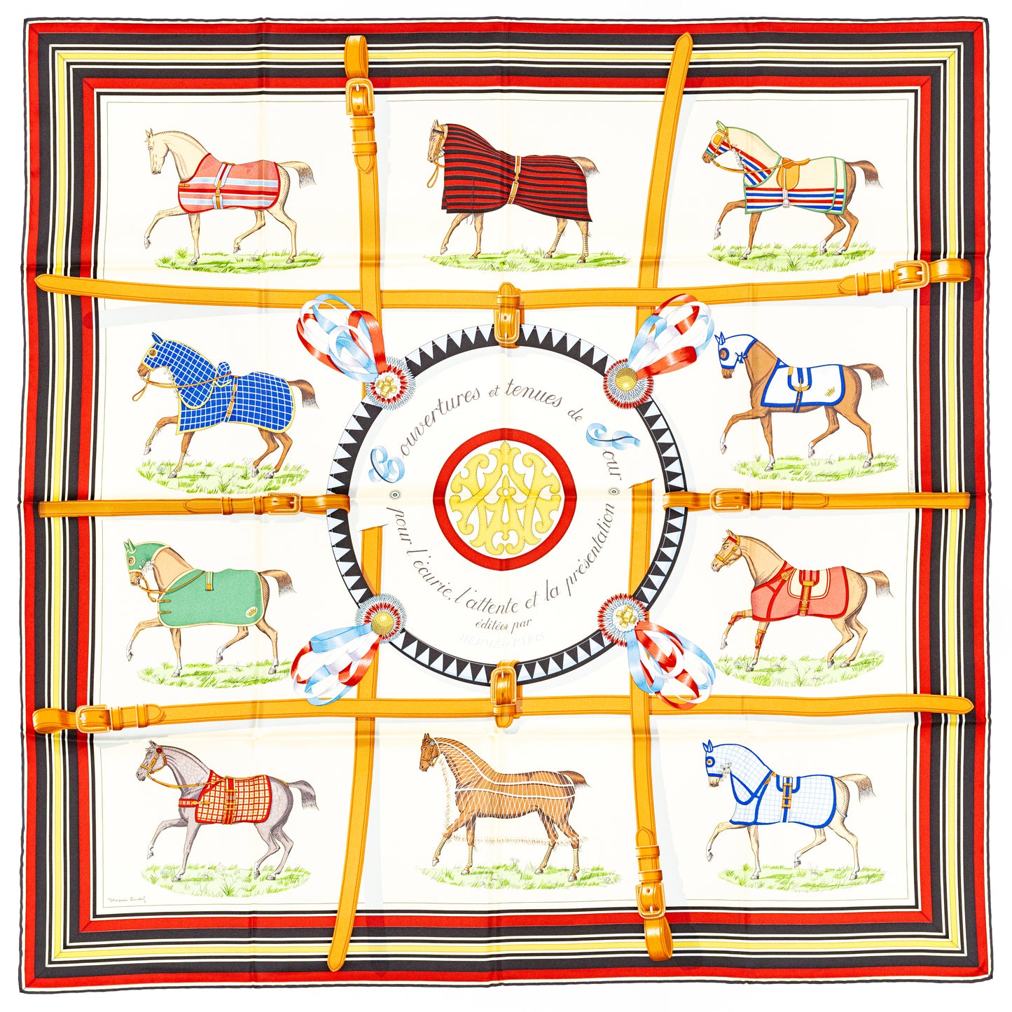 Hermes Scarf 90 Couvertures et Tenues de Jour - Creme Rouge Bleu - NWST - 2601291059