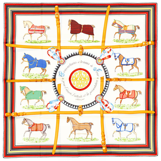 Hermes Scarf 90 Couvertures et Tenues de Jour - Creme Rouge Bleu - NWST - 2601291059