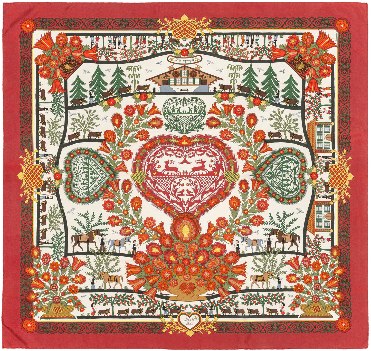 Hermes Silk Scarf Decoupages - Rouge Brique Vert Blanc Cassé - EXCWCT - 2606131622