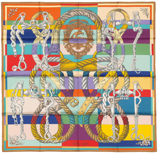 Hermes Silk Scarf Della Cavalleria Double Face - Beige Doré Vert Multicolore - NWST - 2604131729