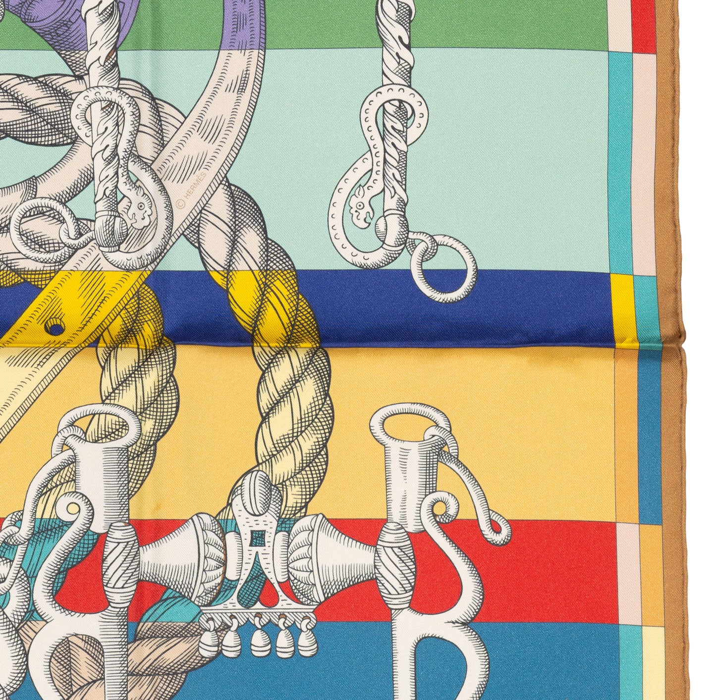 Hermes Silk Scarf Della Cavalleria Double Face - Beige Doré Vert Multicolore - NWST - 2604131729